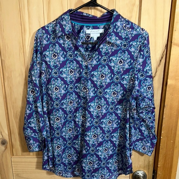 Foxcroft Tops - FOXCROFT Wrinkle Free Shaped Purple Patterned Button-Up Shirt